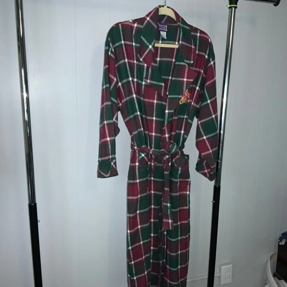 Disney Winnie The Pooh cotton flannel plaid robe Sz S tie belt vintage